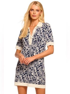Ramy Brook Sweater Dress Women Large Blue Collared Short Sleeve Floral Nautical